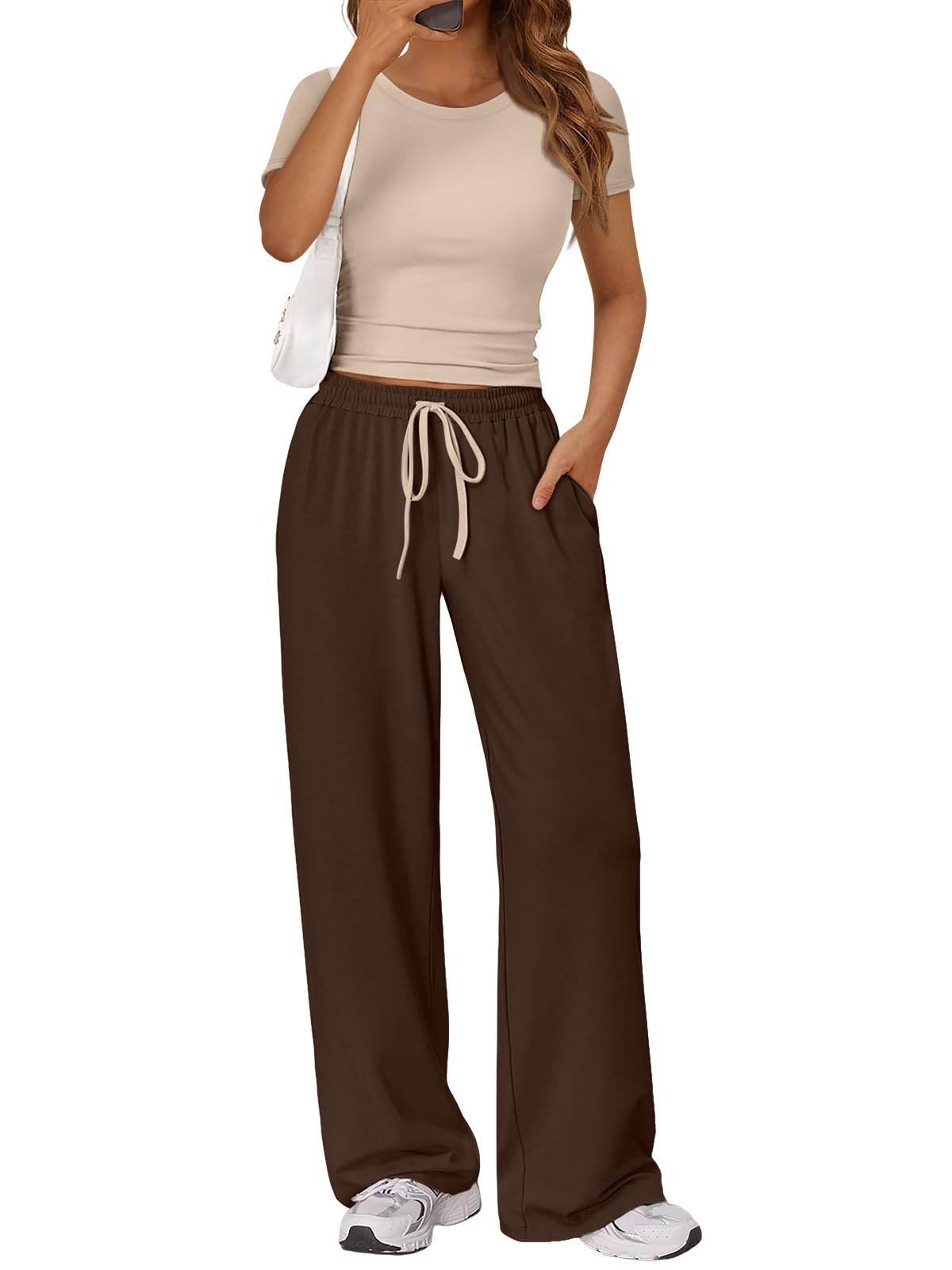 Trendy Queen 2 Piece Matching Summer Lounge Set Womens Side Ruching Top Wide Leg Pants Sets with Pockets