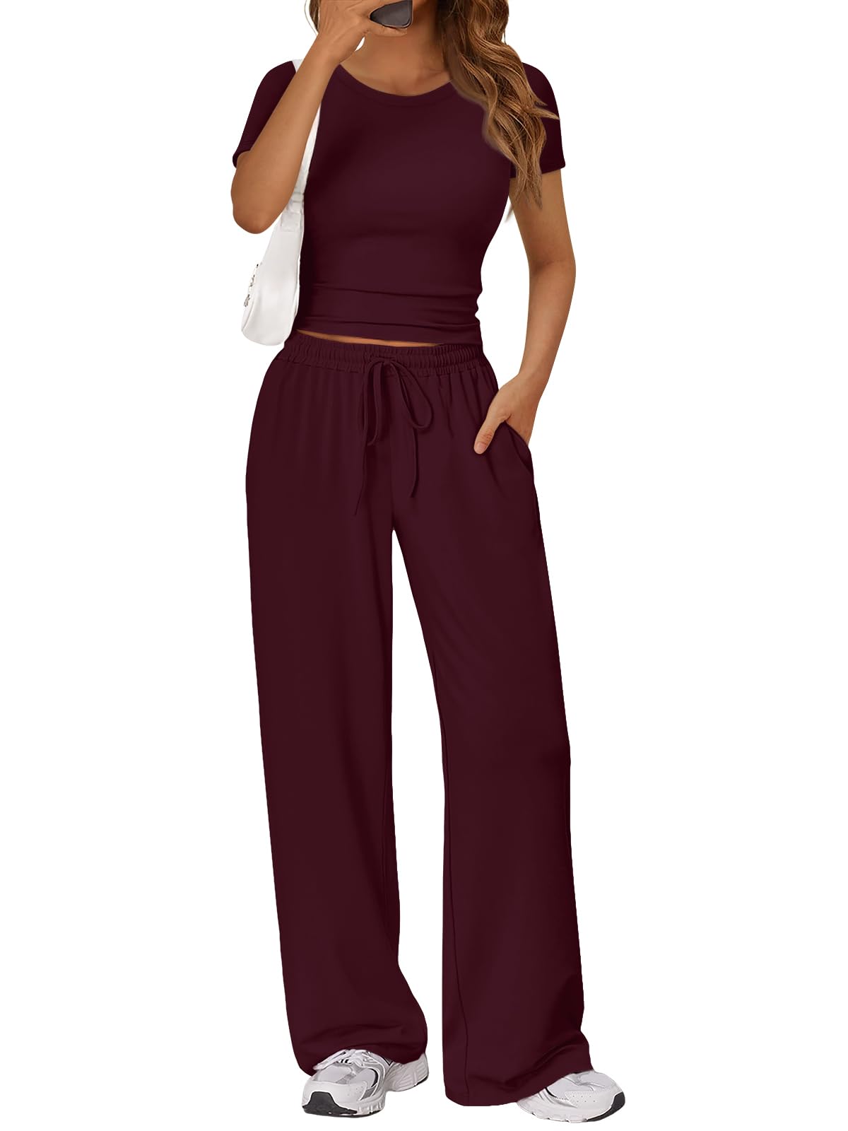 Trendy Queen 2 Piece Matching Summer Lounge Set Womens Side Ruching Top Wide Leg Pants Sets with Pockets