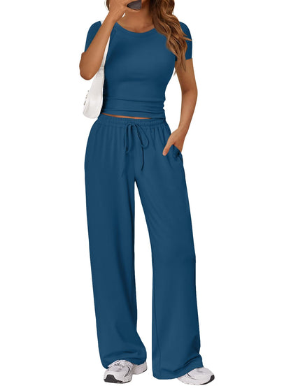 Trendy Queen 2 Piece Matching Summer Lounge Set Womens Side Ruching Top Wide Leg Pants Sets with Pockets