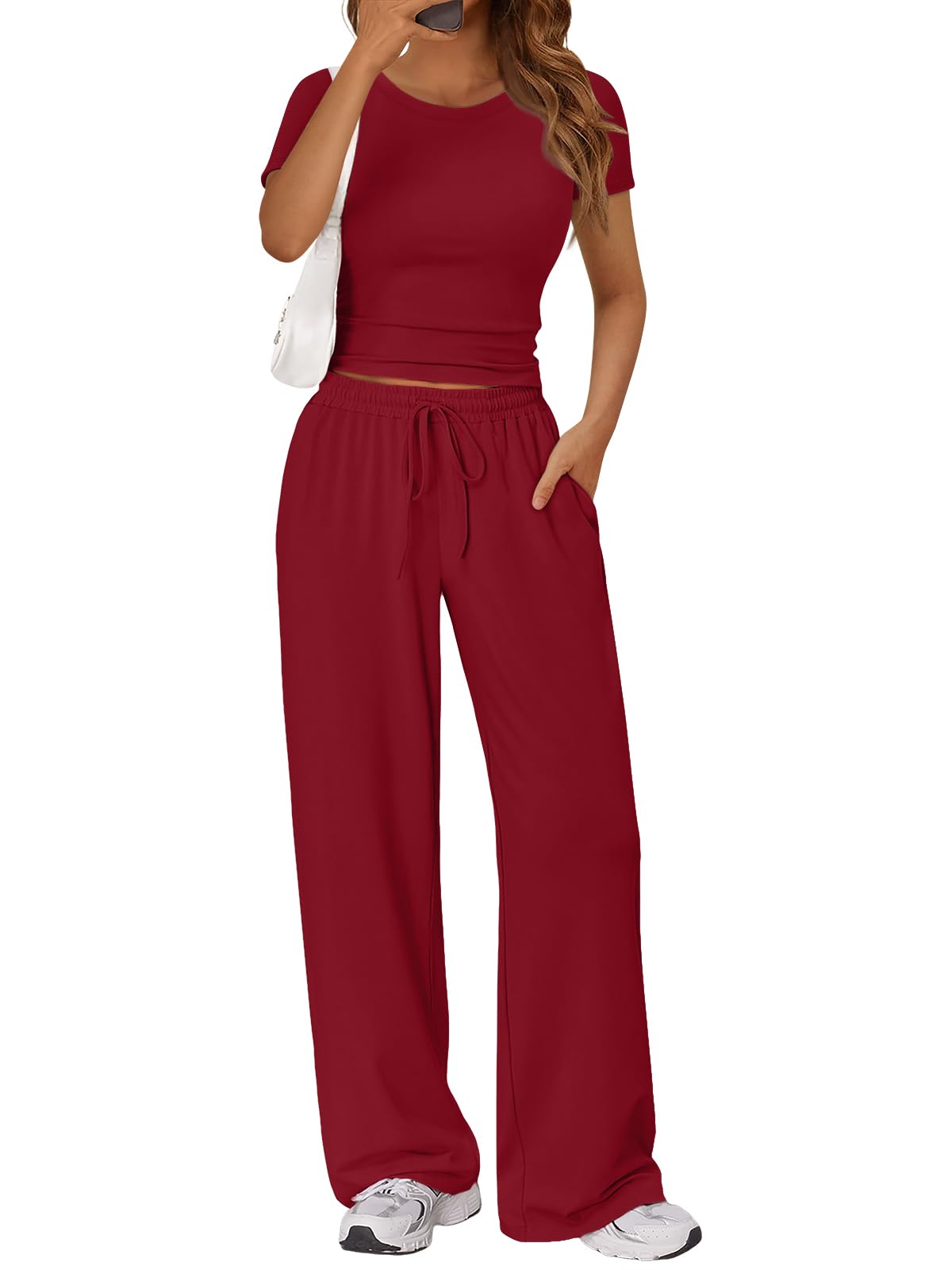 Trendy Queen 2 Piece Matching Summer Lounge Set Womens Side Ruching Top Wide Leg Pants Sets with Pockets