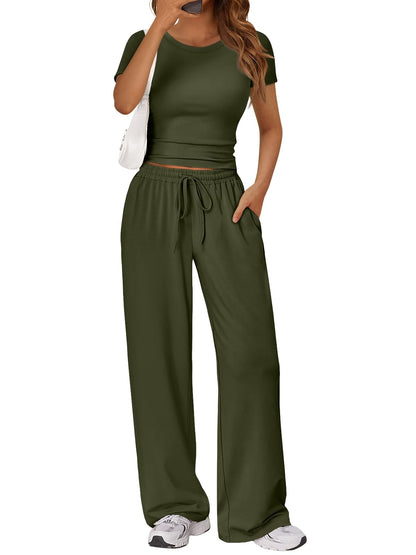Trendy Queen 2 Piece Matching Summer Lounge Set Womens Side Ruching Top Wide Leg Pants Sets with Pockets