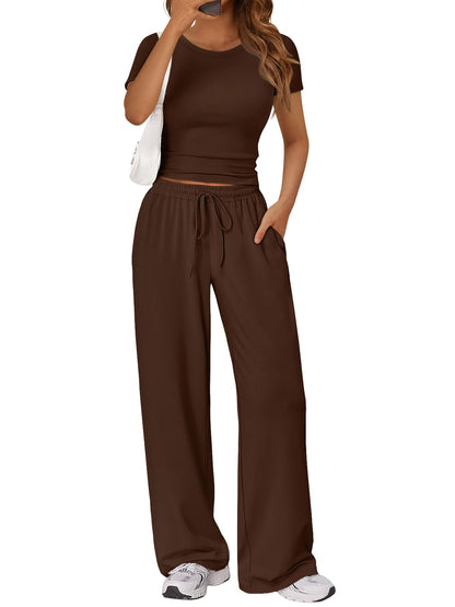 Trendy Queen 2 Piece Matching Summer Lounge Set Womens Side Ruching Top Wide Leg Pants Sets with Pockets
