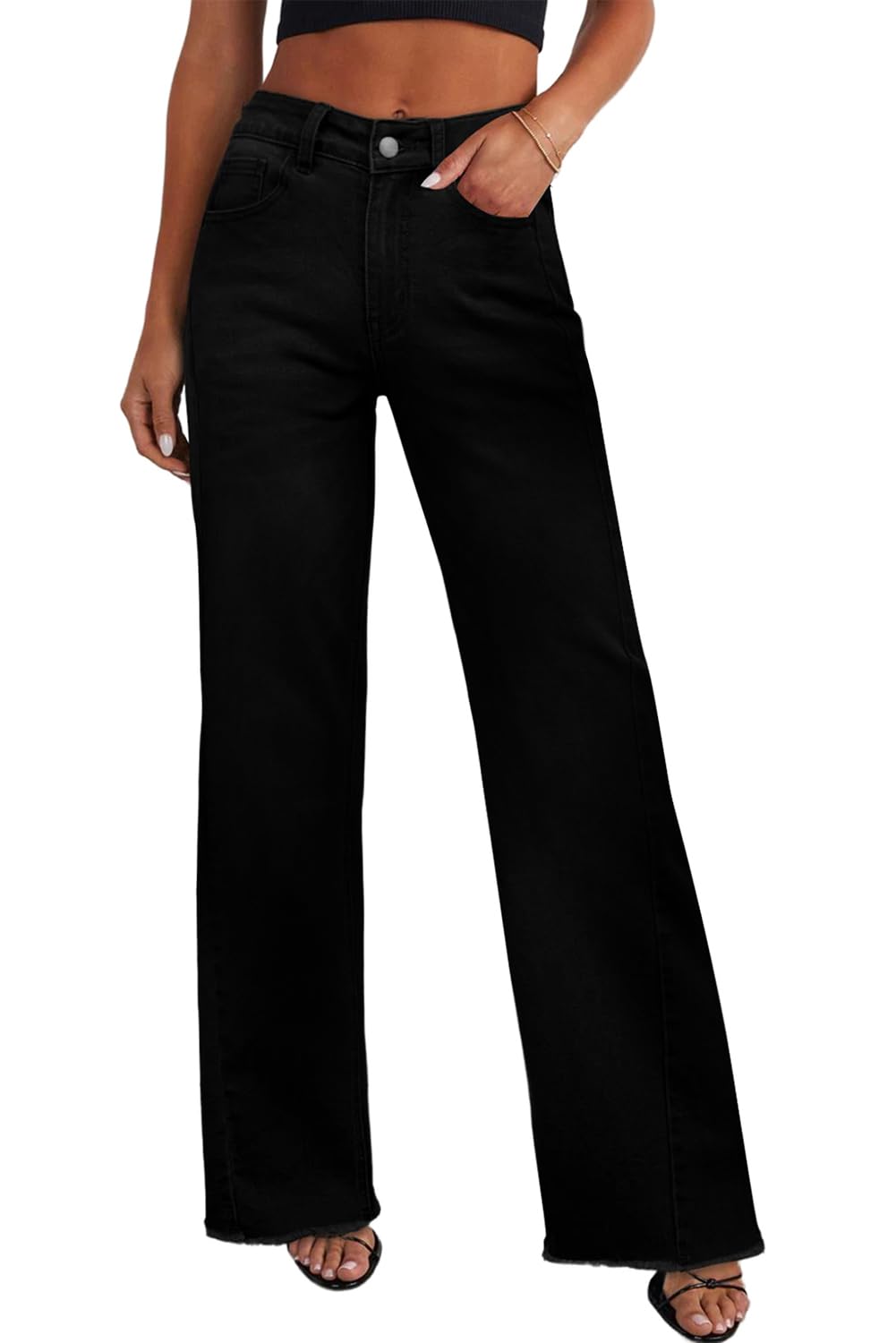 Sidefeel Women's Wide Leg Jeans High Waisted Stretchy Raw Hem Zimbaplatinum Denim Pants