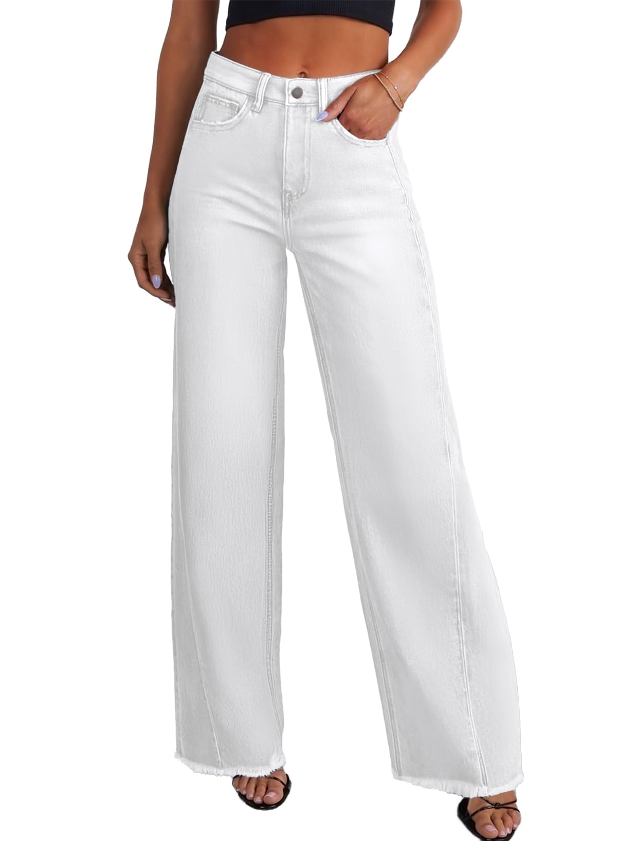 Sidefeel Women's Wide Leg Jeans High Waisted Stretchy Raw Hem Zimbaplatinum Denim Pants
