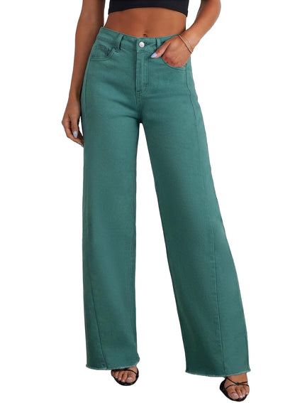Sidefeel Women's Wide Leg Jeans High Waisted Stretchy Raw Hem Zimbaplatinum Denim Pants