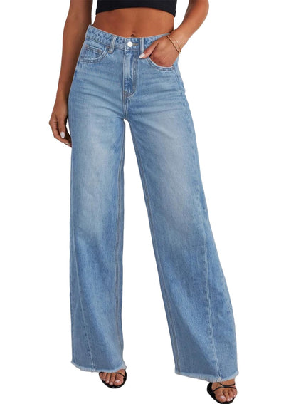 Sidefeel Women's Wide Leg Jeans High Waisted Stretchy Raw Hem Zimbaplatinum Denim Pants