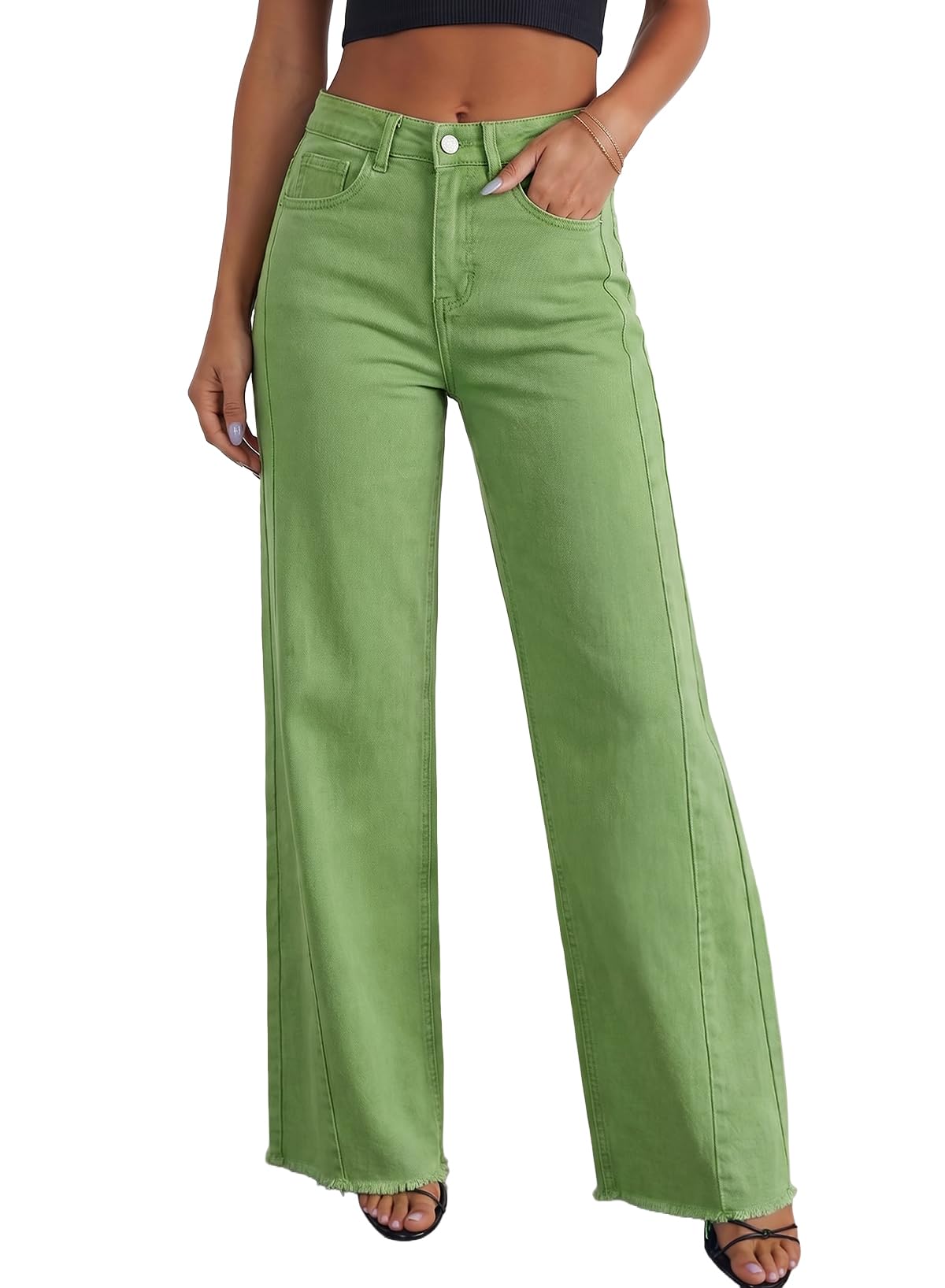 Sidefeel Women's Wide Leg Jeans High Waisted Stretchy Raw Hem Zimbaplatinum Denim Pants