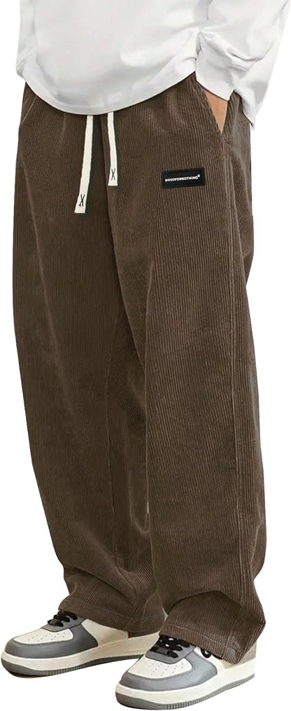 Hidkat Mens Corduroy Casual Pants Fashion Loose Fit Wide Leg Pants Straight Sweatpants Elastic Waist Drawstring
