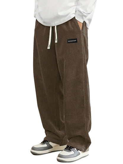 Hidkat Mens Corduroy Casual Pants Fashion Loose Fit Wide Leg Pants Straight Sweatpants Elastic Waist Drawstring