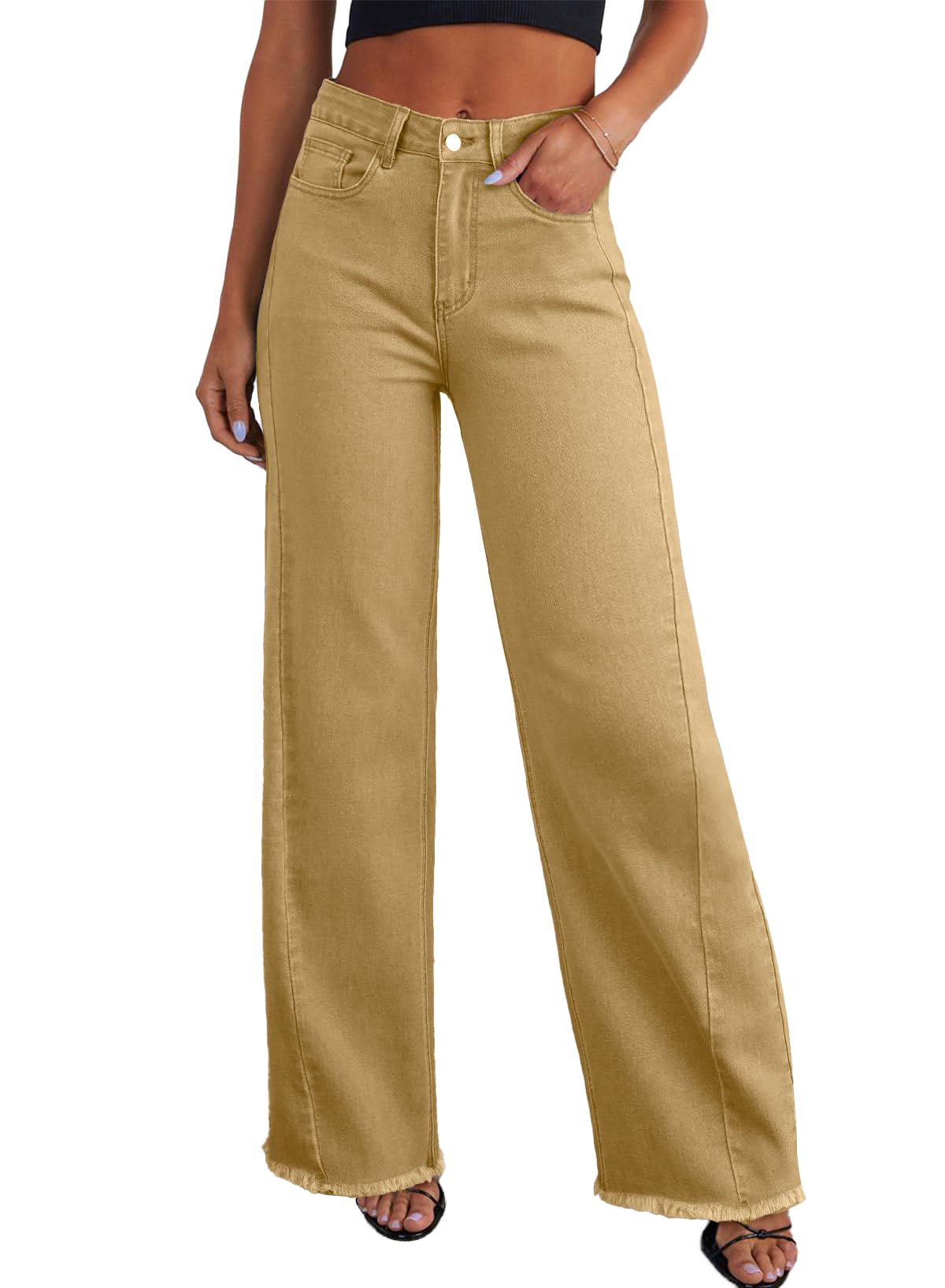 Sidefeel Women's Wide Leg Jeans High Waisted Stretchy Raw Hem Zimbaplatinum Denim Pants