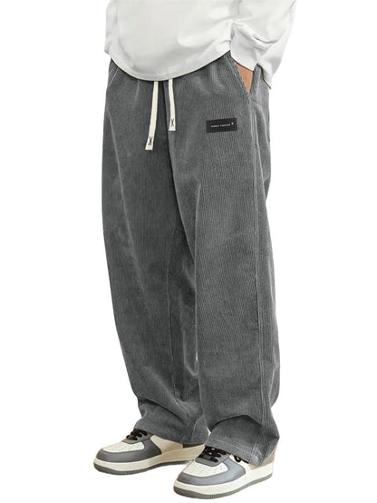 Hidkat Mens Corduroy Casual Pants Fashion Loose Fit Wide Leg Pants Straight Sweatpants Elastic Waist Drawstring
