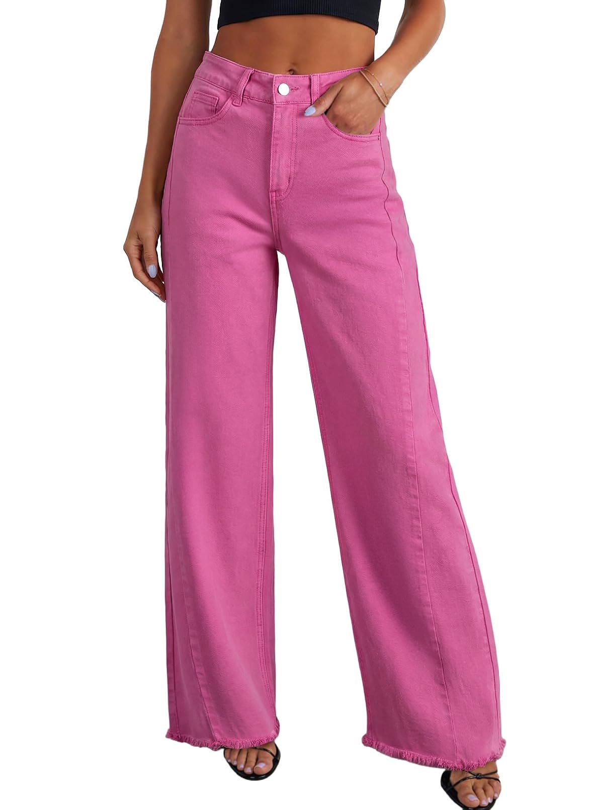 Sidefeel Women's Wide Leg Jeans High Waisted Stretchy Raw Hem Zimbaplatinum Denim Pants