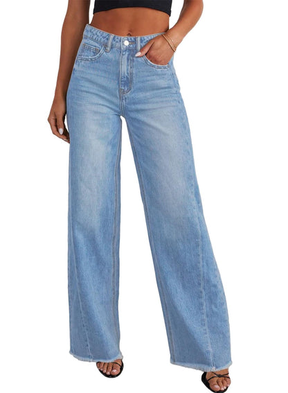 Sidefeel Women's Wide Leg Jeans High Waisted Stretchy Raw Hem Zimbaplatinum Denim Pants