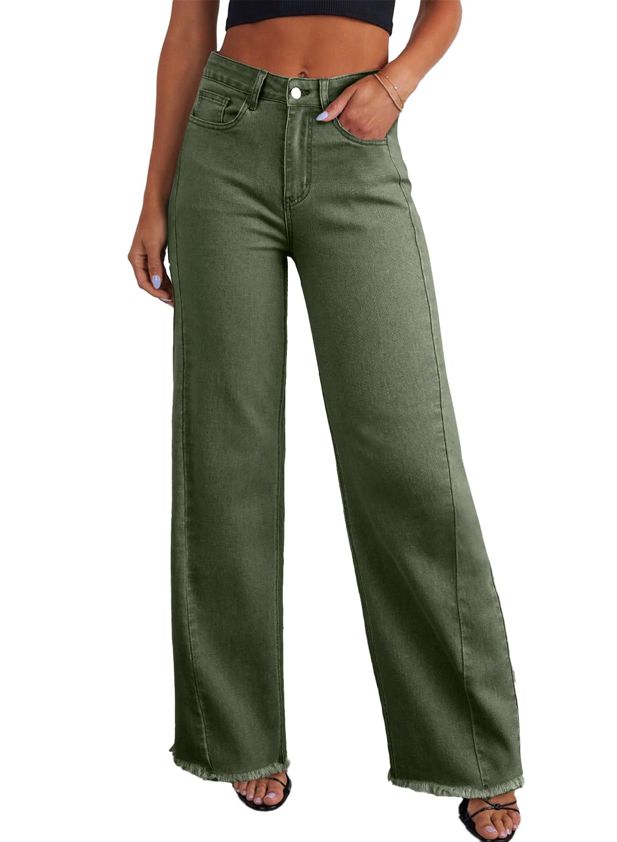 Sidefeel Women's Wide Leg Jeans High Waisted Stretchy Raw Hem Zimbaplatinum Denim Pants