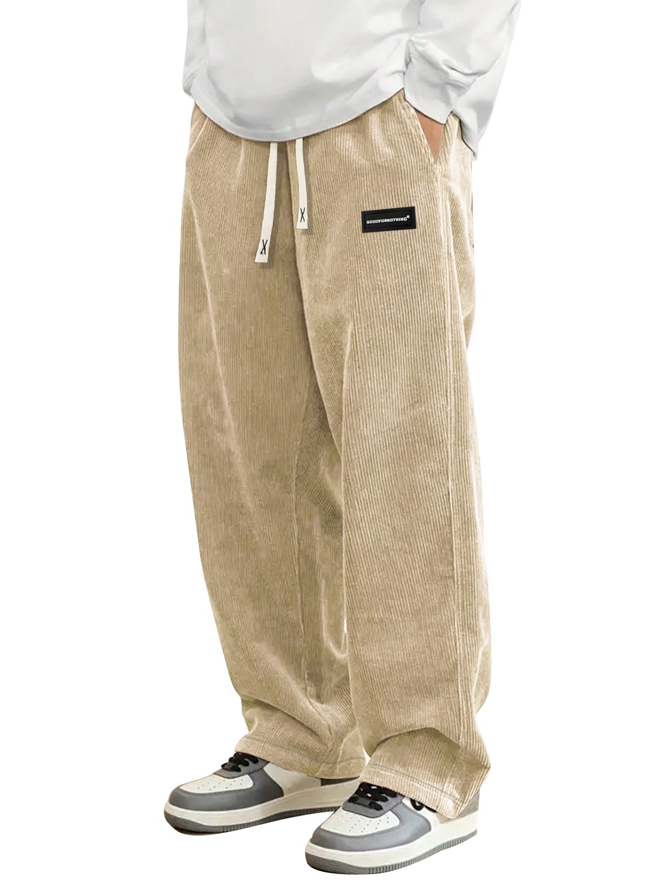 Hidkat Mens Corduroy Casual Pants Fashion Loose Fit Wide Leg Pants Straight Sweatpants Elastic Waist Drawstring