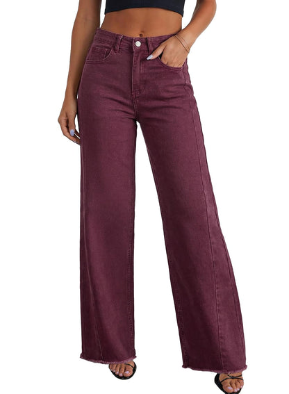 Sidefeel Women's Wide Leg Jeans High Waisted Stretchy Raw Hem Zimbaplatinum Denim Pants