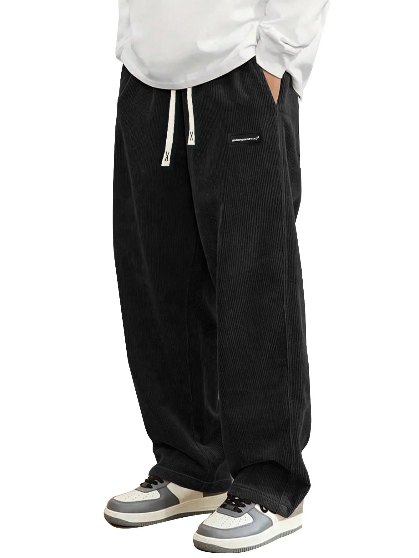 Hidkat Mens Corduroy Casual Pants Fashion Loose Fit Wide Leg Pants Straight Sweatpants Elastic Waist Drawstring