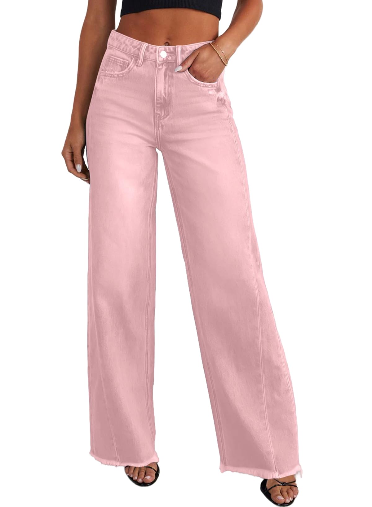 Sidefeel Women's Wide Leg Jeans High Waisted Stretchy Raw Hem Zimbaplatinum Denim Pants