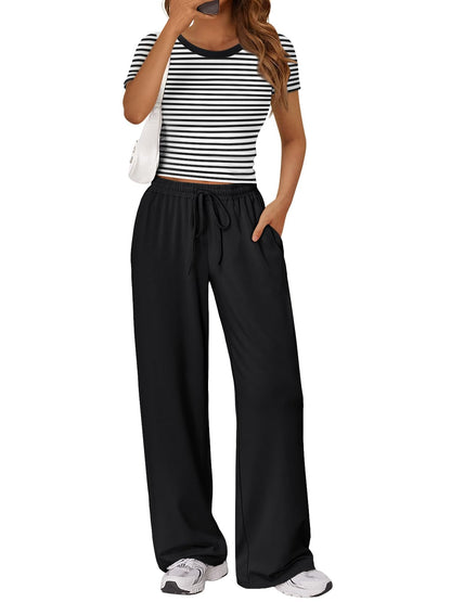 Trendy Queen 2 Piece Matching Summer Lounge Set Womens Side Ruching Top Wide Leg Pants Sets with Pockets
