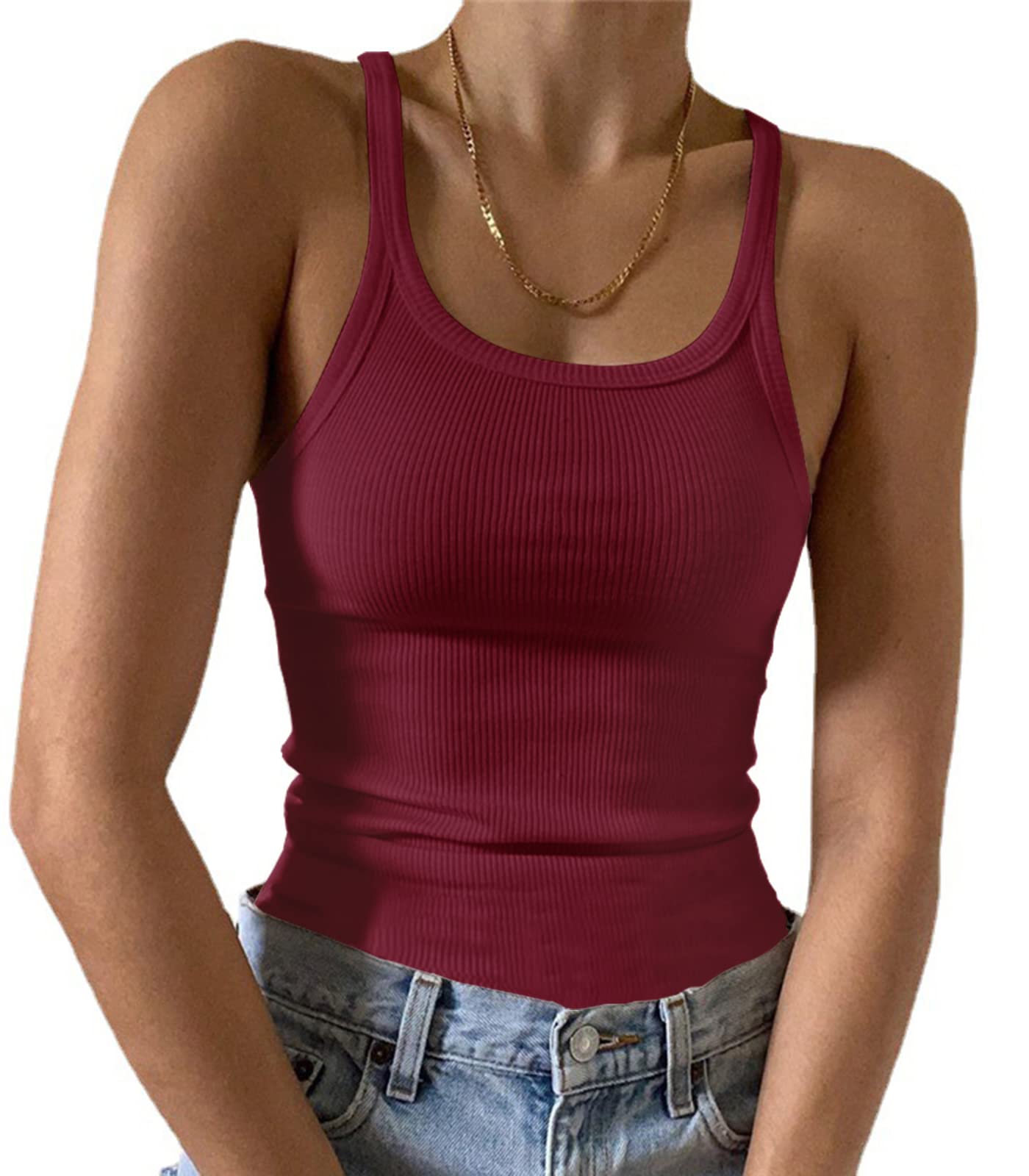 Artfish Women's Sleeveless Tank Top Form Fitting Scoop Neck Ribbed Knit Basic Cami Shirts