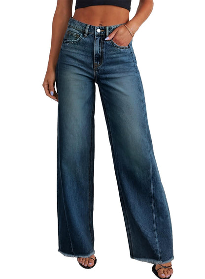 Sidefeel Women's Wide Leg Jeans High Waisted Stretchy Raw Hem Zimbaplatinum Denim Pants