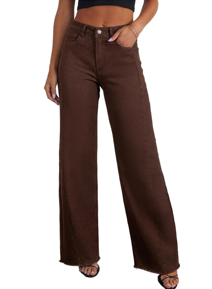 Sidefeel Women's Wide Leg Jeans High Waisted Stretchy Raw Hem Zimbaplatinum Denim Pants
