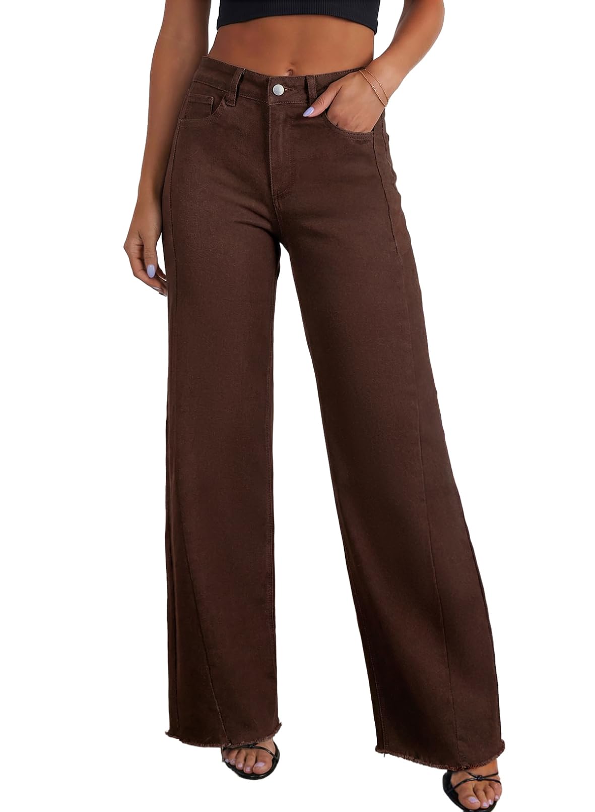 Sidefeel Women's Wide Leg Jeans High Waisted Stretchy Raw Hem Zimbaplatinum Denim Pants