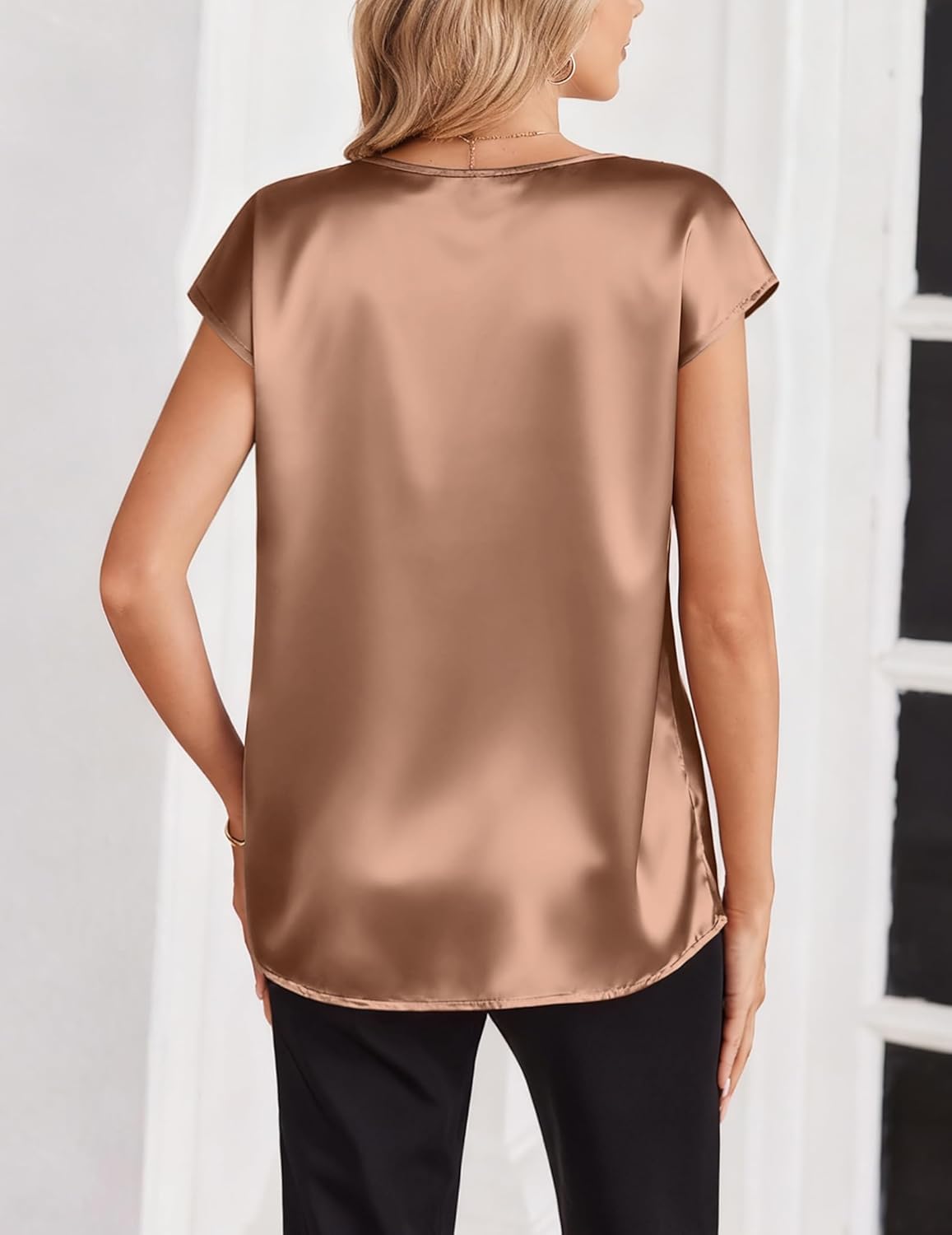 Zeagoo Women Silk Satin Tops Cap Short Sleeve Blouse V Neck Shirts Business Casual Outfits S-2XL