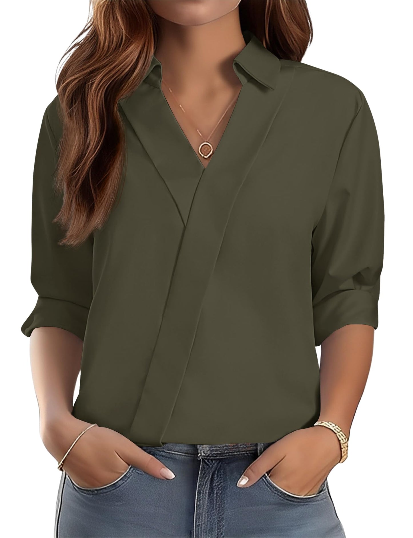 LOMON 3/4 Length Sleeve Womens Tops Dressy V Neck Collared Shirts Trendy Business Casual Work Blouses Vacation Outfits 2026