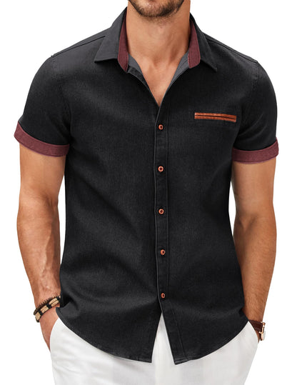 COOFANDY Men's Cotton Casual Short Sleeve Button Down Shirt Plaid Collar Denim Work Shirts