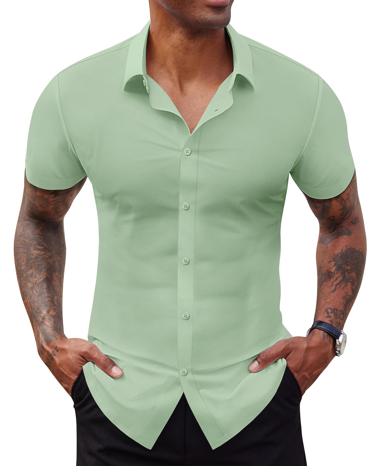 Lion Nardo Stretch Dress Shirts for Men Short Sleeve Slim Fit Casual Button Down Shirts Muscle Fit Men's Dress Shirts