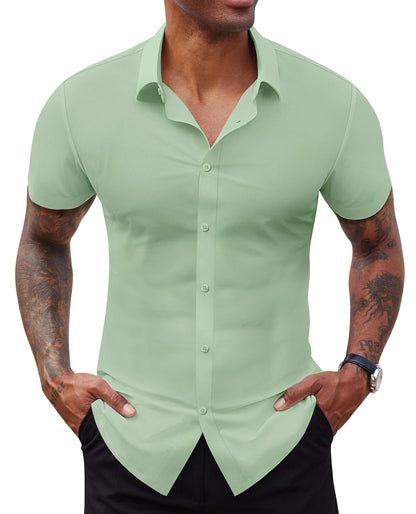 Lion Nardo Stretch Dress Shirts for Men Short Sleeve Slim Fit Casual Button Down Shirts Muscle Fit Men's Dress Shirts