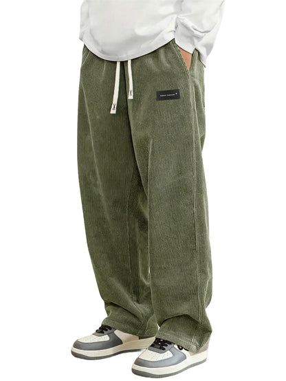 Hidkat Mens Corduroy Casual Pants Fashion Loose Fit Wide Leg Pants Straight Sweatpants Elastic Waist Drawstring