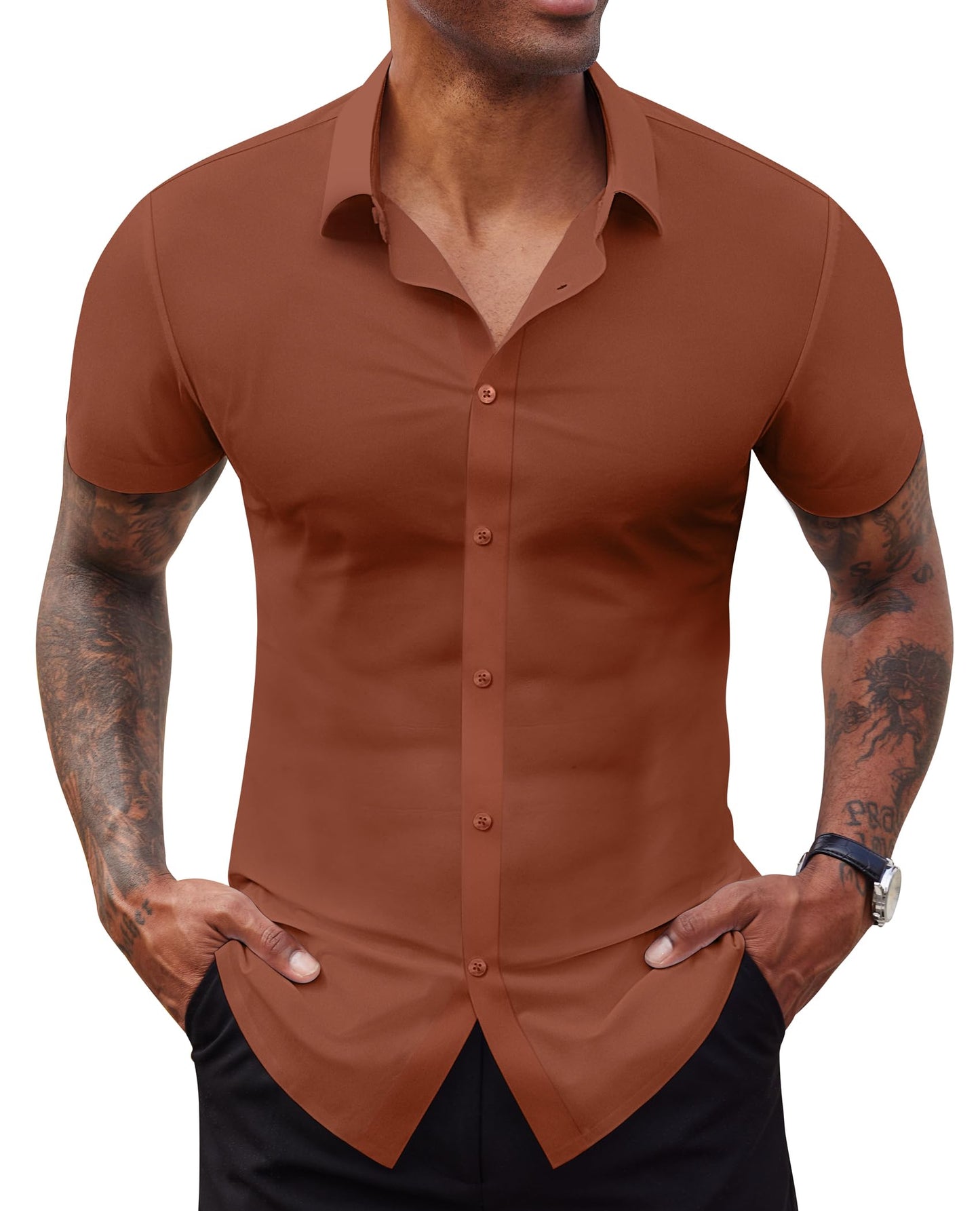 Lion Nardo Stretch Dress Shirts for Men Short Sleeve Slim Fit Casual Button Down Shirts Muscle Fit Men's Dress Shirts
