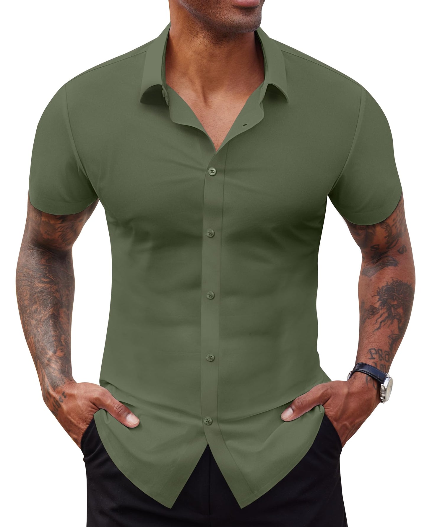 Lion Nardo Stretch Dress Shirts for Men Short Sleeve Slim Fit Casual Button Down Shirts Muscle Fit Men's Dress Shirts