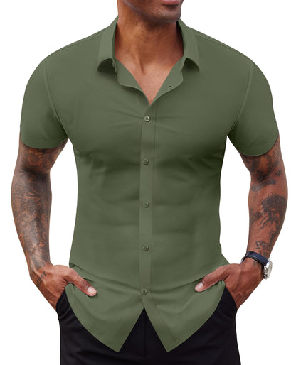 Lion Nardo Stretch Dress Shirts for Men Short Sleeve Slim Fit Casual Button Down Shirts Muscle Fit Men's Dress Shirts