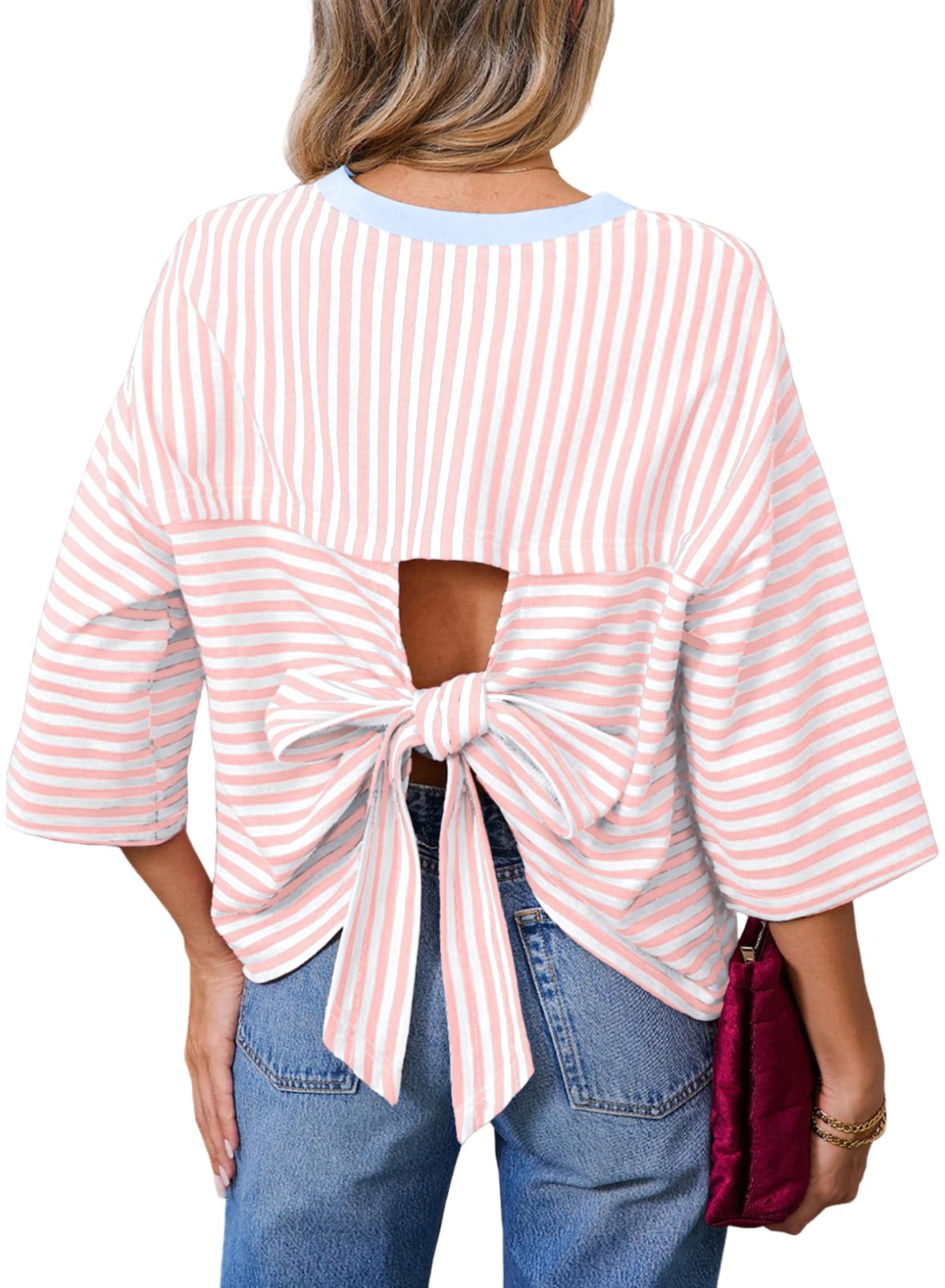 Dokotoo Womens Tops 2026 Striped Tie Back Short Sleeve T Shirts Crewneck Casual Loose Basic Tee Summer Outfits