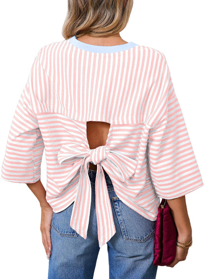 Dokotoo Womens Tops 2026 Striped Tie Back Short Sleeve T Shirts Crewneck Casual Loose Basic Tee Summer Outfits