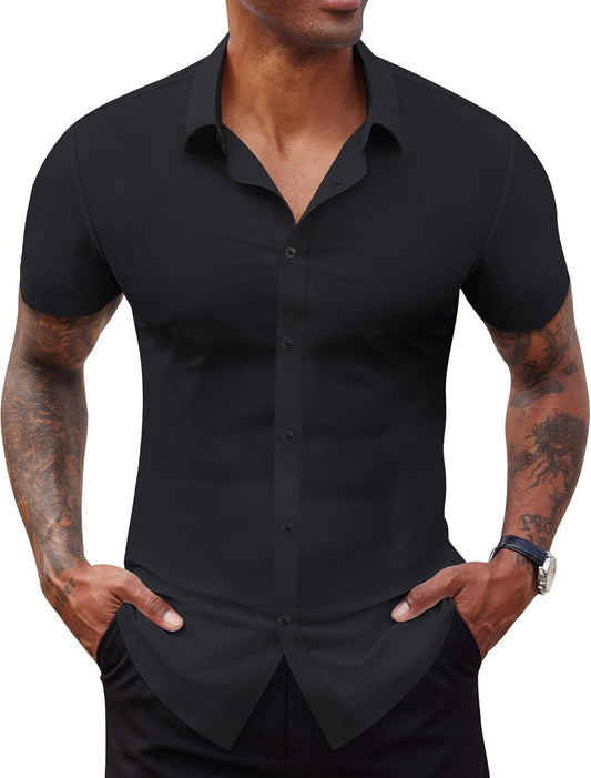 Lion Nardo Stretch Dress Shirts for Men Short Sleeve Slim Fit Casual Button Down Shirts Muscle Fit Men's Dress Shirts