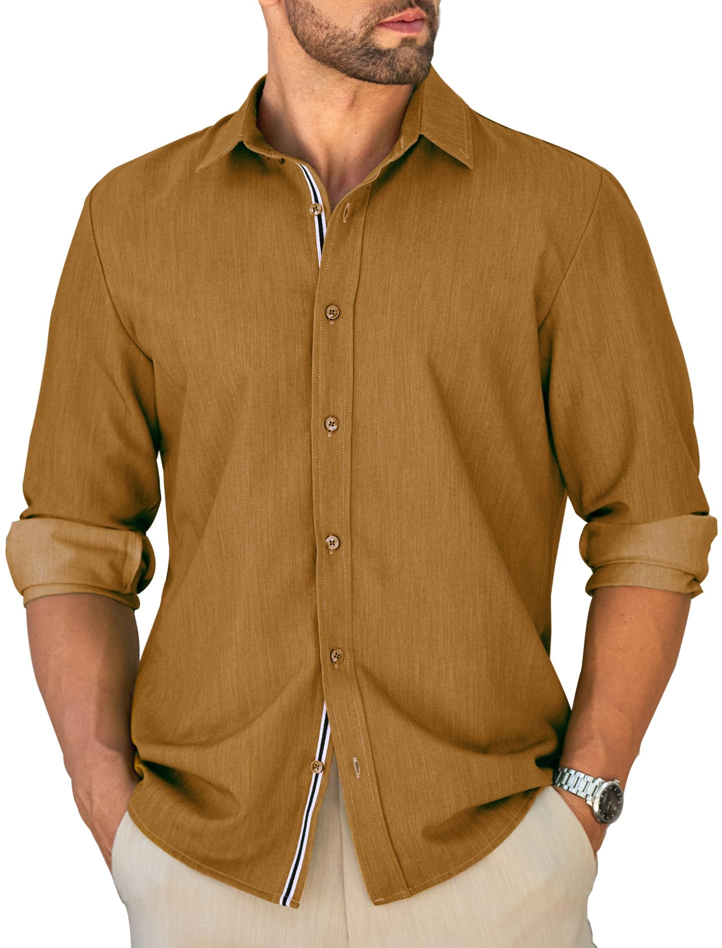 MAPICK Mens Untucked Dress Shirt Stretch Wrinkle Free Button Down Shirt Long Sleeve Business Casual Lightweight Denim Texture