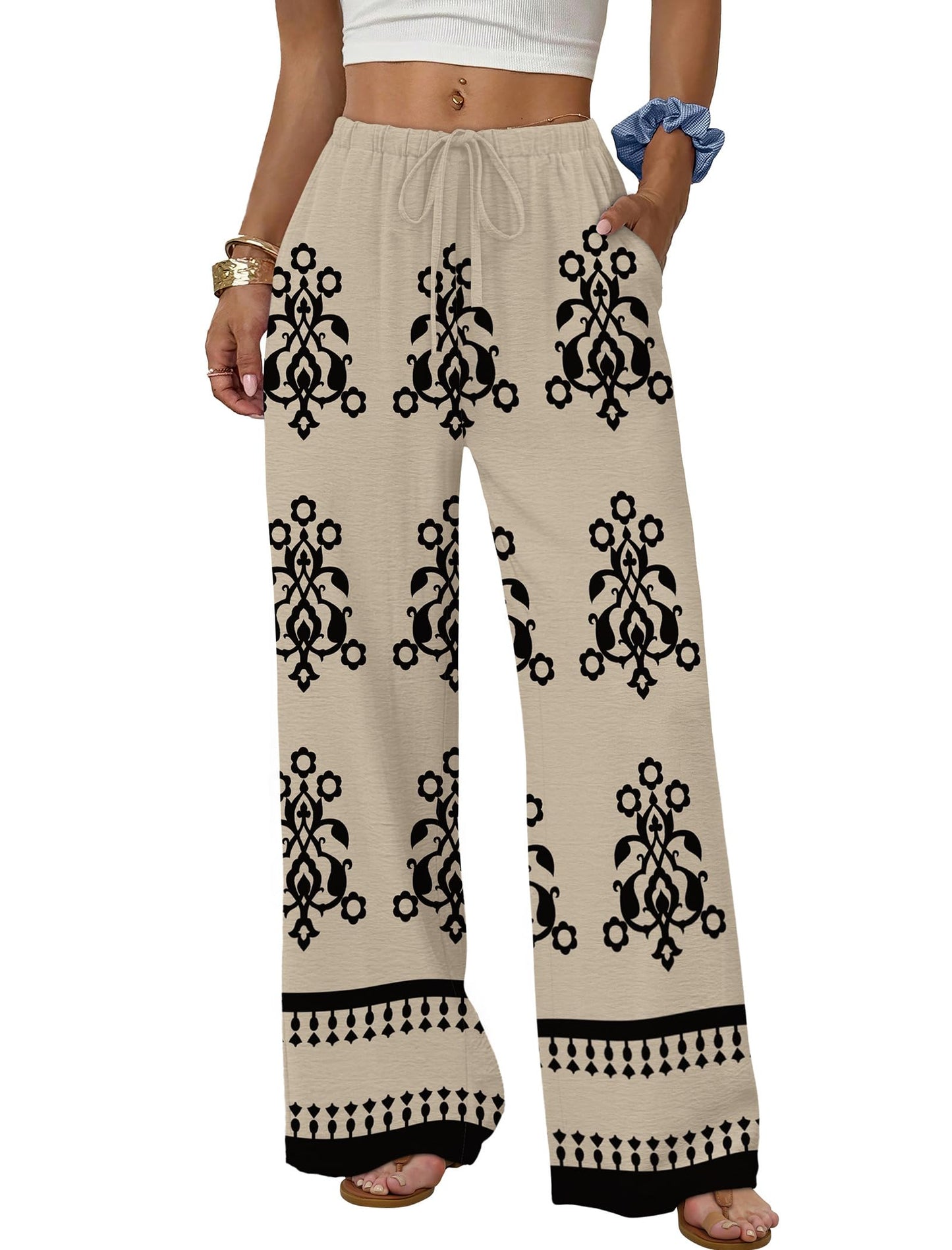 Sampeel Wide Leg Pants for Women Flowy Palazzo Drawstring Elastic Waist Trousers with Pockets Summer Beach Vacation Clothes