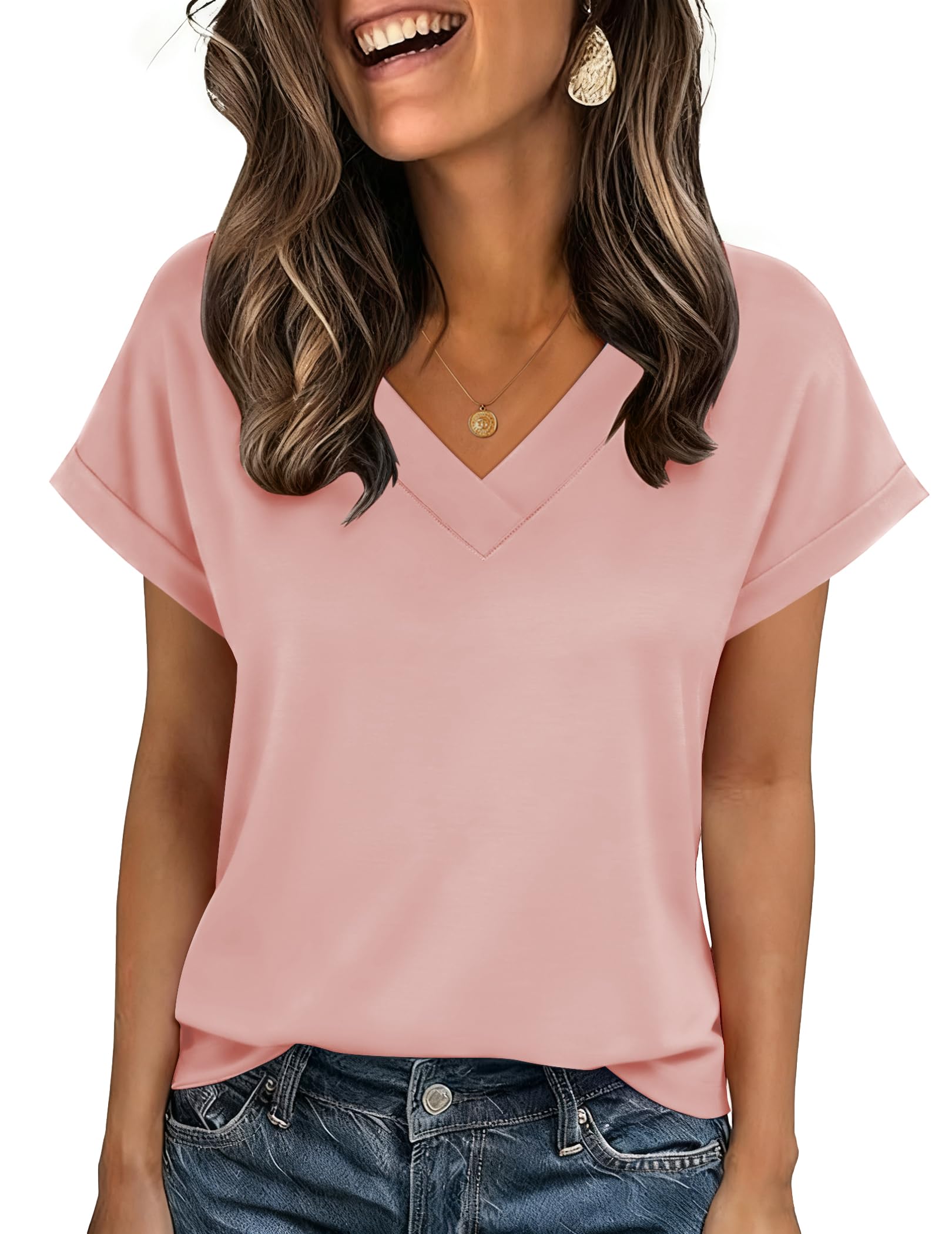 Zeagoo Womens Summer Tops Rolled Short Sleeve V Neck Shirts Casual Dressy Business Work Blouses Outfits