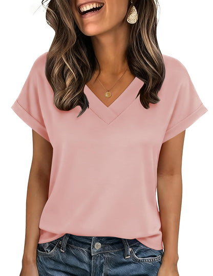 Zeagoo Womens Summer Tops Rolled Short Sleeve V Neck Shirts Casual Dressy Business Work Blouses Outfits