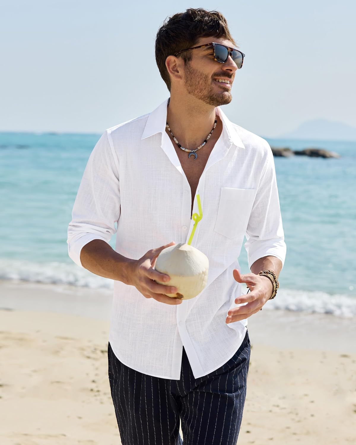 Alimens & Gentle Mens Cotton Linen Textured Shirt Long Sleeve Button Down Shirts Casual Summer Beach Wedding Tops with Pocket