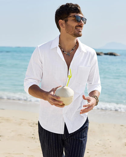 Alimens & Gentle Mens Cotton Linen Textured Shirt Long Sleeve Button Down Shirts Casual Summer Beach Wedding Tops with Pocket