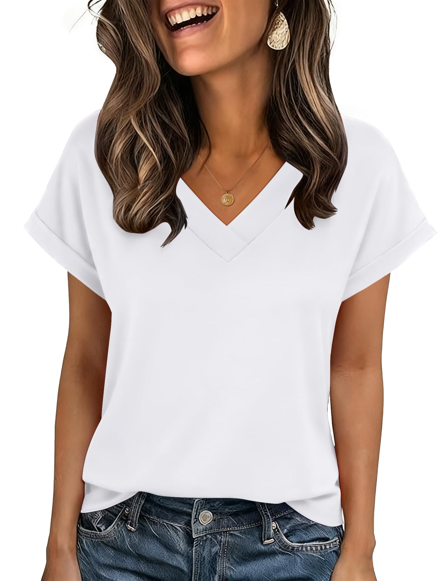 Zeagoo Womens Summer Tops Rolled Short Sleeve V Neck Shirts Casual Dressy Business Work Blouses Outfits