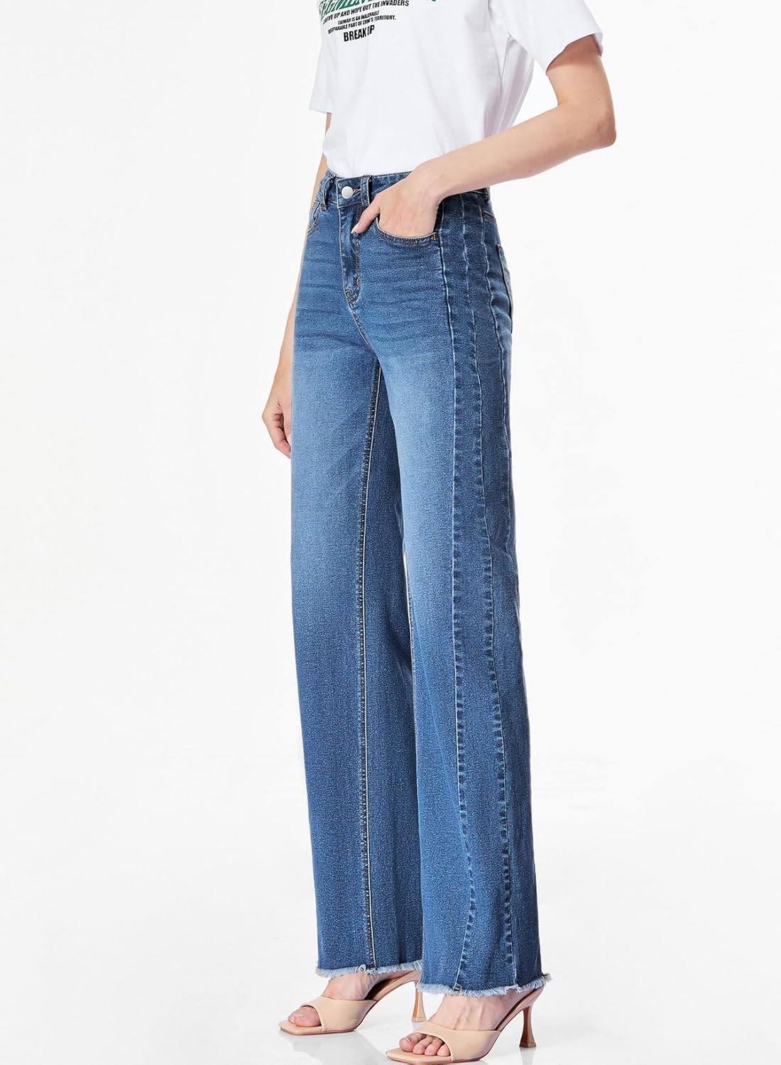 Sidefeel Women's Wide Leg Jeans High Waisted Stretchy Raw Hem Zimbaplatinum Denim Pants