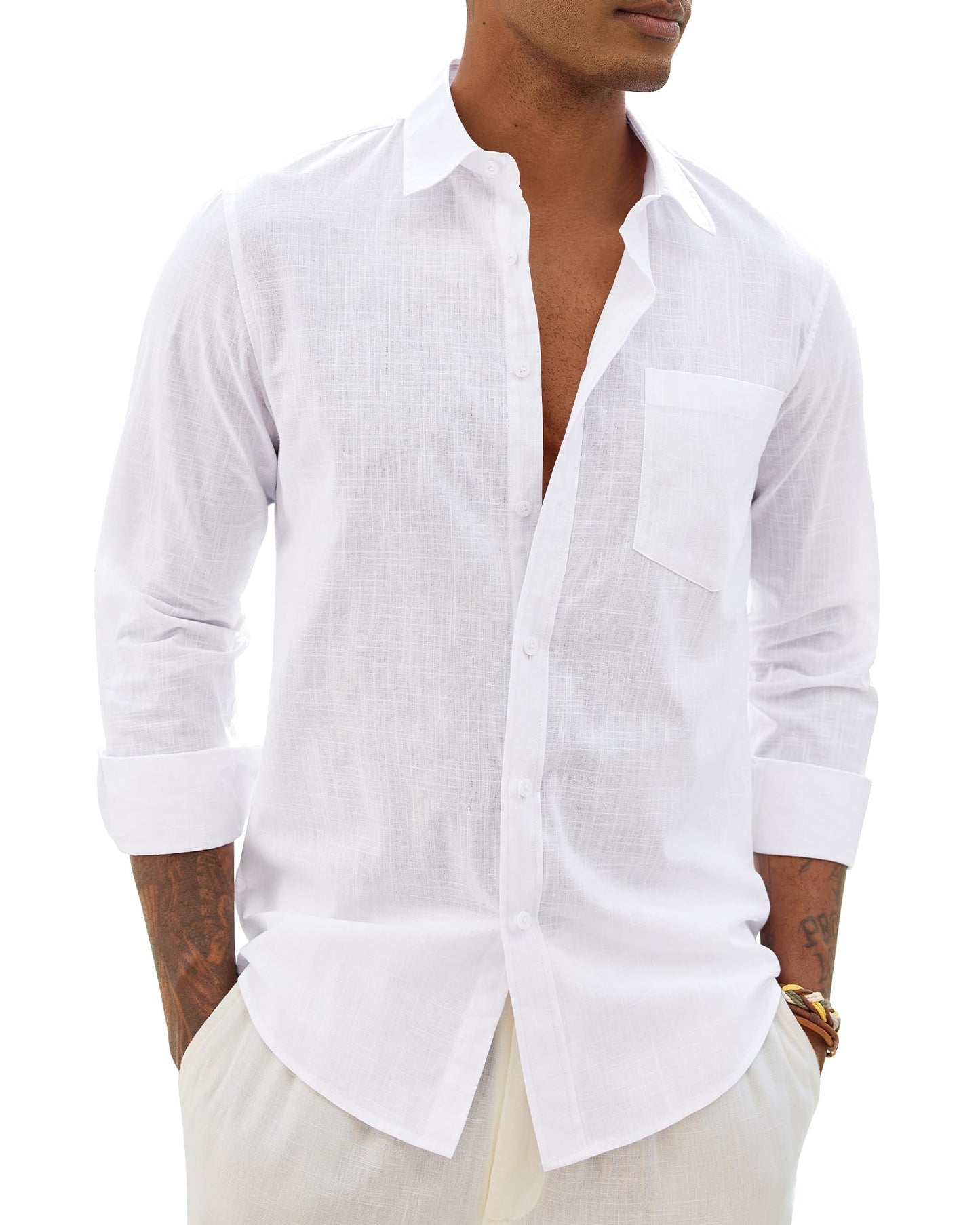Alimens & Gentle Mens Cotton Linen Textured Shirt Long Sleeve Button Down Shirts Casual Summer Beach Wedding Tops with Pocket