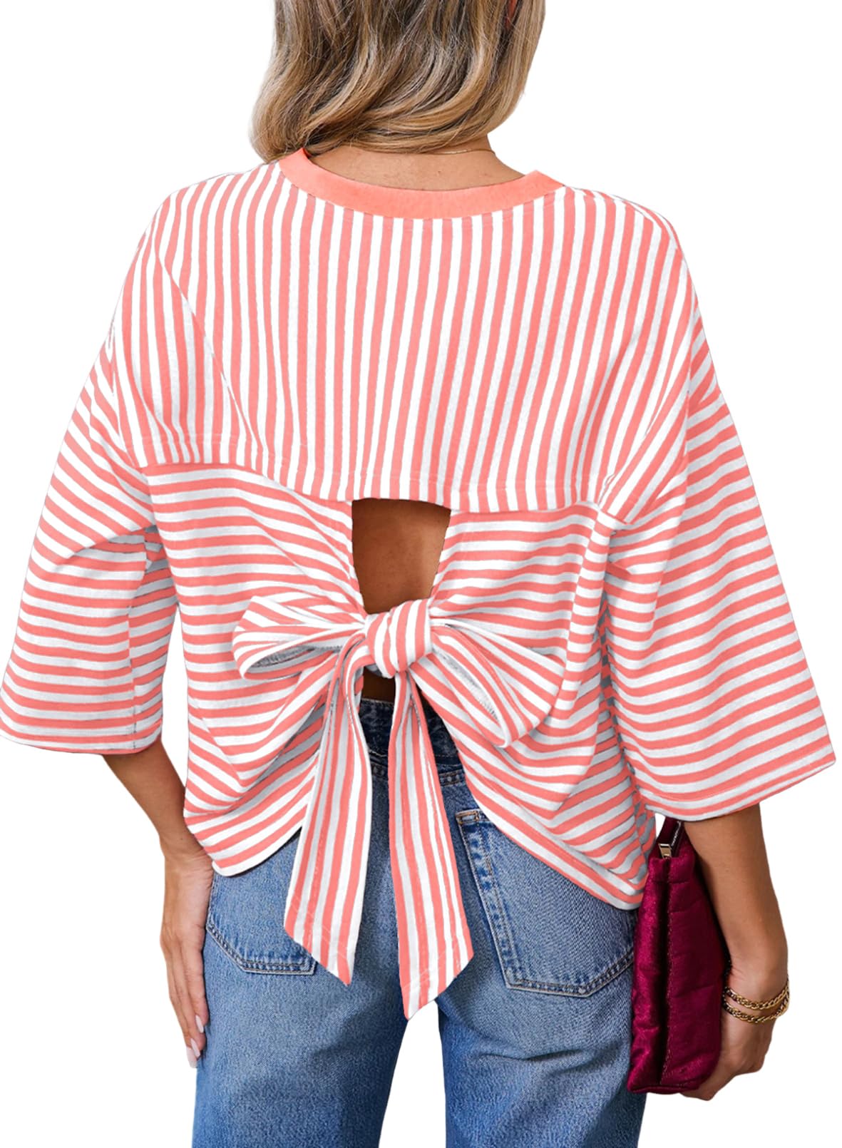 Dokotoo Womens Tops 2026 Striped Tie Back Short Sleeve T Shirts Crewneck Casual Loose Basic Tee Summer Outfits