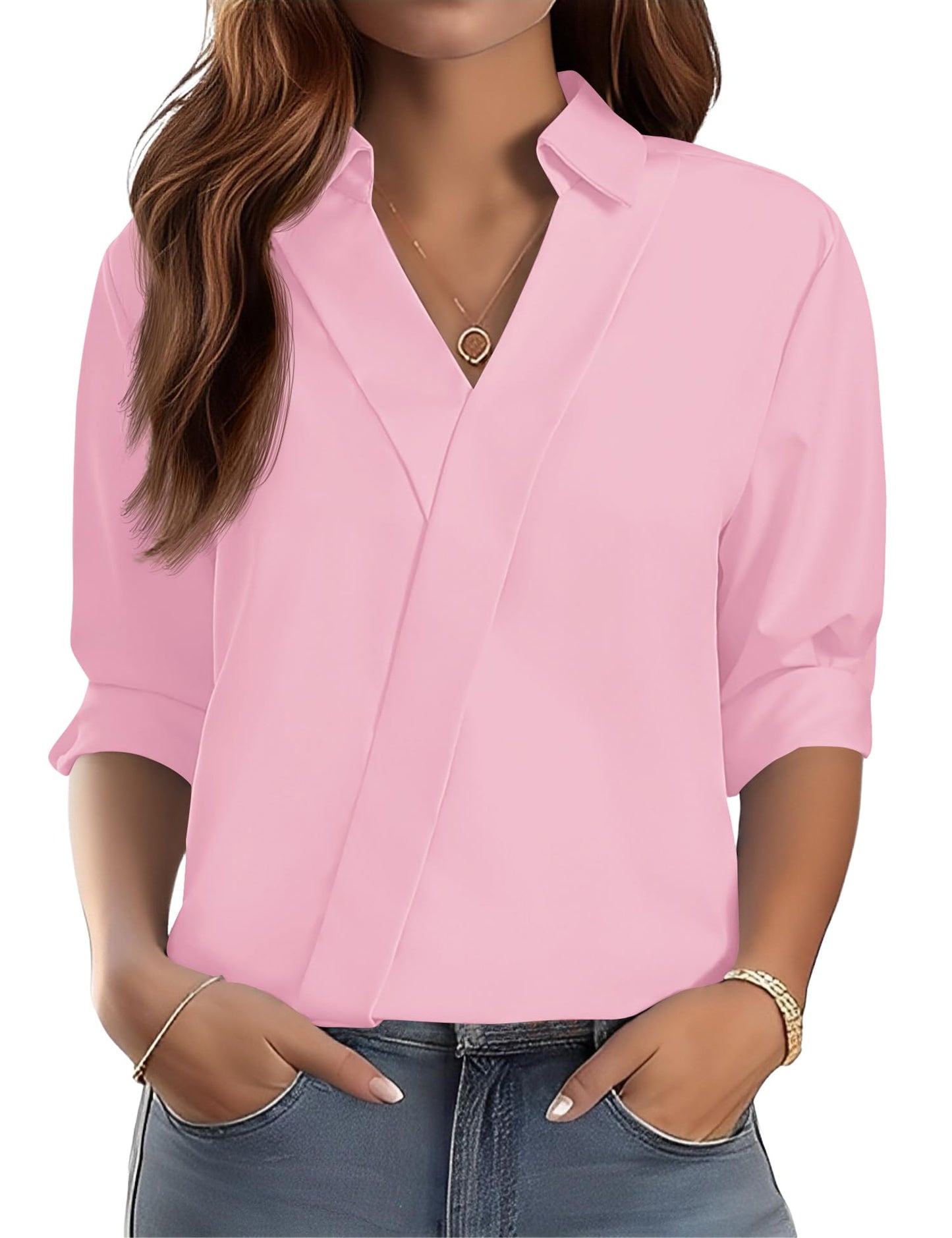 LOMON 3/4 Length Sleeve Womens Tops Dressy V Neck Collared Shirts Trendy Business Casual Work Blouses Vacation Outfits 2026